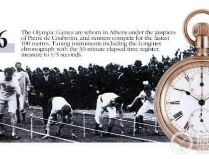 运动与计时。十九世纪中叶，随着人们对体育运动的热情增长，内置计时功能的钟表逐渐热销。1878年，浪琴表携手制表师阿尔弗雷德·卢格林，研发了自己第一款计时机芯20H。它除了6点位有一个小秒针之外，还有另一个中心秒针——按下用于上链的表冠，它就开始计时；再按一下即停止；第三次按下表冠，中央秒针立即归零。随后，真正的计时表于1889年问世。这款计时怀表装备19CH机芯，专为体育赛事专业测时设计，配备30分钟计时器功能，能够精确到 1 / 5 秒,图为1896年希腊雅典奧林匹克运动会上的浪琴计时器。 ... ...