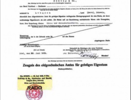 RADO的瑞士表品牌名称注册证书——1928年
