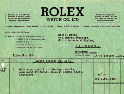 沛纳海向劳力士订购腕表的照片，注意时间是1935年。
