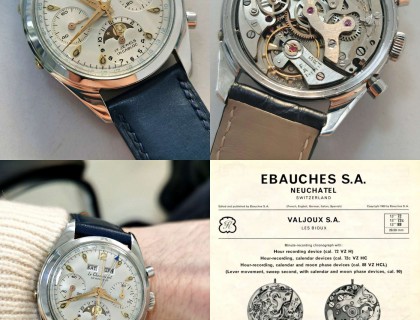 这就是如此布局的一枚古董腕表，舍米南品牌，生产于1950年代，采用valjoux88机芯（手卷），全历、月相、计时。拱形锅盖亚克力表镜，密底，厚度14.5㎜