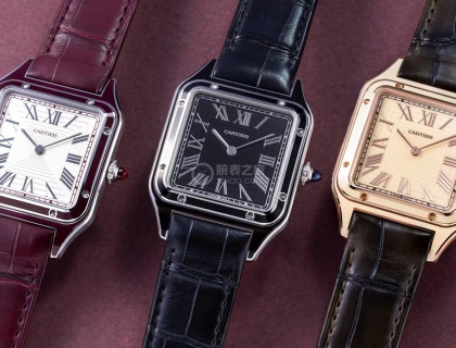 2022年推出Santos Dumont Lacquered腕表
左，铂金版；中间，钢款；右，玫瑰金款