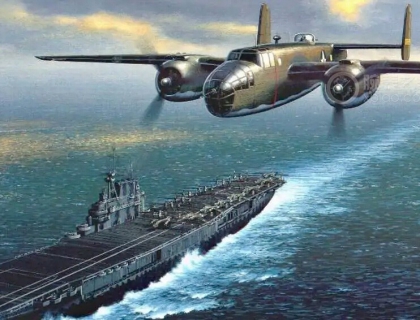 大黄蜂号航母和B-25轰炸机油画