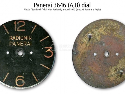 RADIOMIR PANERAI 字样 Ref.3646 
1940年 第一代 三明治 表盘材质 塑料面板+黄铜底板