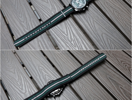 SSB411P1配备的是尼龙表带，黑、绿、白三色相间，和手表的主色调“黑绿”是相呼应的。而且是表带是横穿式，随时都可以取下。