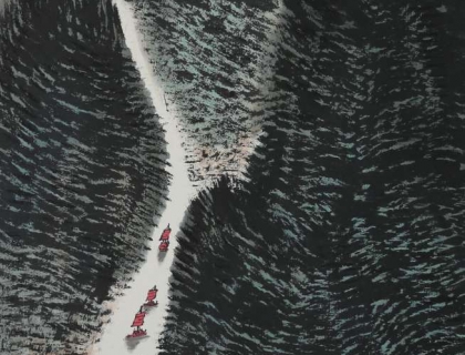 《舟行千里》一一当代著名国画大师秦默（1941一2021，本名周志强，号小纲，法号释正金法师）2017年作品。