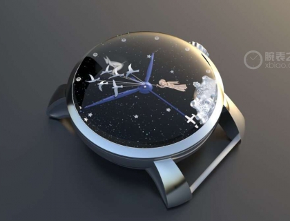 砂金石盘面，钻石刻度，白银材质的星体与6只白鸽，18K纯金材质的主人公“小王子”，烤蓝指针，秒针尖为镀银飞机造型。