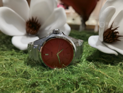 豪利时这款PPX Miss Piggy腕表的尺寸为34mm，表盘采用偏深的粉红色，12点钟位置镶嵌了一颗长方形培育钻石