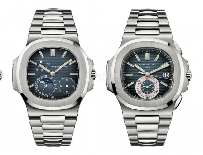 从左到右 - Nautilus 5711/1A（时间和日期“钢巨无霸”） - Nautilus 5712/1A（月相和日期） - Nautilus 5980/1A（计时码表） - Nautilus 5800/1A（中型）
