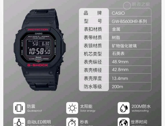 卡西欧小方块G-SHOCK系列GW-B5600HR-1